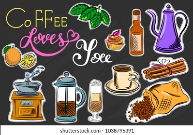Vector graphic, artistic, stylized image of coffee set graphic element for menu on blackboard. Black chalkboard with chalk traces