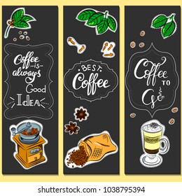 Vector graphic, artistic, stylized image of coffee set graphic element for menu on blackboard. Black chalkboard with chalk traces