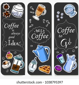 Vector graphic, artistic, stylized image of coffee set graphic element for menu on blackboard. Black chalkboard with chalk traces