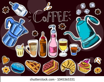 Vector graphic, artistic, stylized image of coffee set graphic element for menu on blackboard. Black chalkboard with chalk traces
