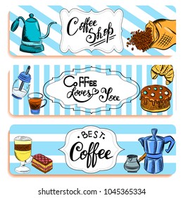 Vector graphic, artistic, stylized image of coffee set graphic element for menu on blackboard. Black chalkboard with chalk traces