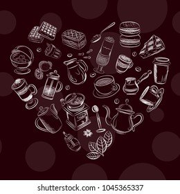 Vector graphic, artistic, stylized image of coffee set graphic element for menu on blackboard. Black chalkboard with chalk traces