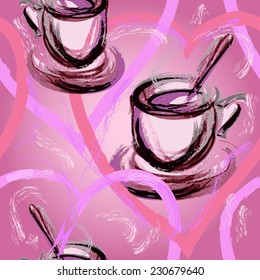 Vector graphic, artistic, stylized image of seamless pattern watercolor with cup of tea, coffee