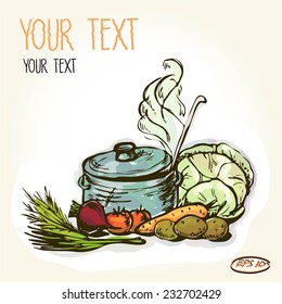 Vector graphic, artistic, stylized  image of a pot of hot soup and vegetables, ingredients for cooking