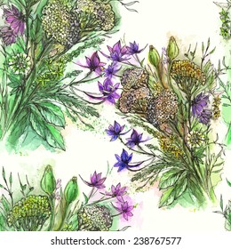 Vector graphic, artistic, stylized image of seamless pattern watercolor bouquet Flowers