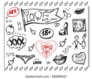 Vector graphic, artistic, stylized image of set for design on the theme of sex and love.