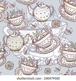 Vector graphic, artistic, stylized image of seamless pattern  with cup of tea, coffee