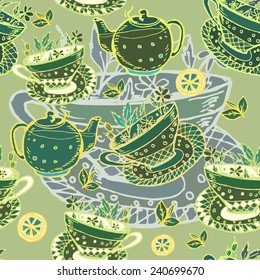 Vector graphic, artistic, stylized image of seamless pattern watercolor with cup of tea