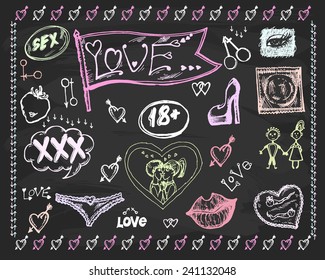 Vector gráfico, artístico, Imagen estilizada de conjunto para el diseño sobre el tema del sexo y el amor. Pizarra negra con rastros de tiza. 