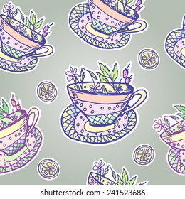 Vector graphic, artistic, stylized image of seamless pattern watercolor with cup of tea