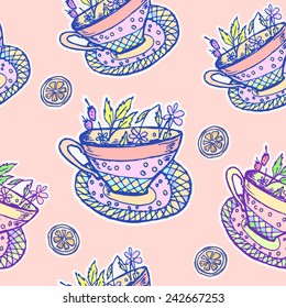 Vector graphic, artistic, stylized image of seamless pattern watercolor with cup of tea