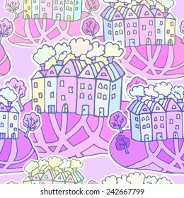 Vector graphic, artistic, stylized image of seamless pattern town house