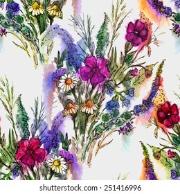Vector graphic, artistic, stylized image of seamless pattern watercolor bouquet Flowers
