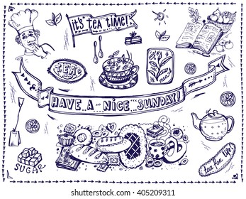 Vector graphic, artistic, stylized image of  Tea set of elements for design  menu.