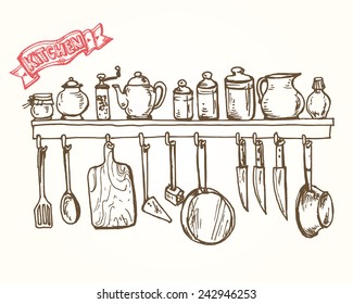 Vector gráfico, artístico, estante estilizado con utensilios.