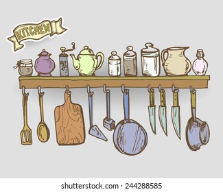 Vector graphic, artistic, stylized shelf with utensils. 