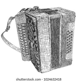 Vector graphic arts sketch of drawing two-row chromatic accordion (black pen).