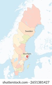 Vector graphic artwork suitable for print and web containing flat detailed map of SWEDEN