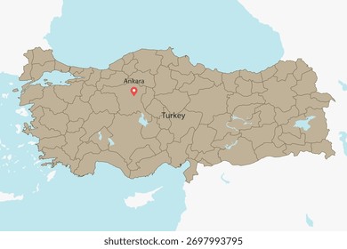 Vector graphic artwork suitable for print and web containing flat detailed map of TURKEY