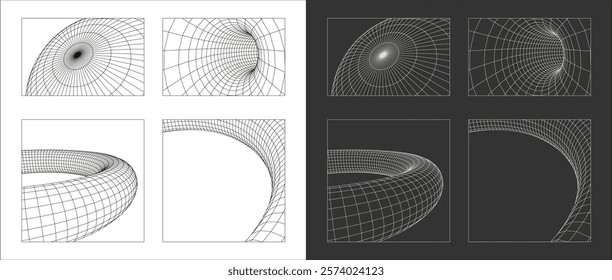 Vector graphic asset in a retro futuristic style, featuring wireframe elements in various forms and bold modern shapes, ideal for design templates, posters, banners, clothing, stickers, and other 