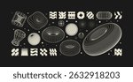 Vector graphic assets kit acid style, Postmodern abstract geometric shapes with wireframe elements of different forms, Y2K trendy design in brutalism aesthetic, template symbols set 13