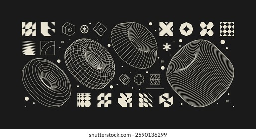 Vector graphic assets kit acid style, Postmodern abstract geometric shapes with wireframe elements of different forms, Y2K trendy design  in brutalism aesthetics, template symbols set 4