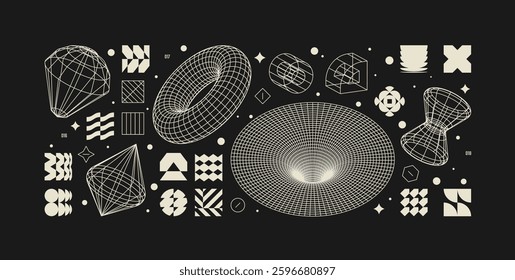 Vector graphic assets kit acid style, Postmodern abstract geometric shapes with wireframe elements of different forms, Y2K trendy design in brutalism aesthetic, template symbols set 6