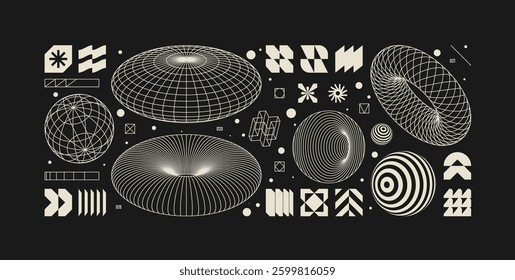 Vector graphic assets kit acid style, Postmodern abstract geometric shapes with wireframe elements of different forms, Y2K trendy design in brutalism aesthetic, template symbols set 7