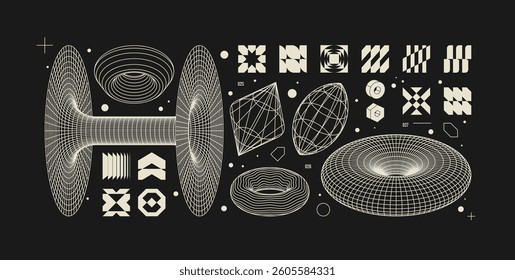 Vector graphic assets kit acid style, Postmodern abstract geometric shapes with wireframe elements of different forms, Y2K trendy design in brutalism aesthetic, template symbols set 9