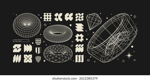 Vector graphic assets kit acid style, Postmodern abstract geometric shapes with wireframe elements of different forms, Y2K trendy design in brutalism aesthetic, template symbols set 11