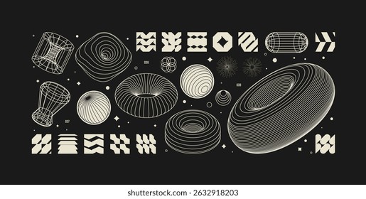 Vector graphic assets kit acid style, Postmodern abstract geometric shapes with wireframe elements of different forms, Y2K trendy design in brutalism aesthetic, template symbols set 13