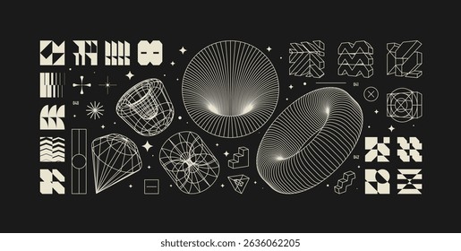 Vector graphic assets kit acid style, Postmodern abstract geometric shapes with wireframe elements of different forms, Y2K trendy design in brutalism aesthetic, template symbols set 14