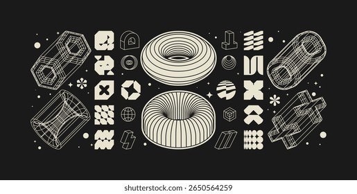 Vector graphic assets kit acid style, Postmodern abstract geometric shapes with wireframe elements of different forms, Y2K trendy design in brutalism aesthetic, template symbols set 18