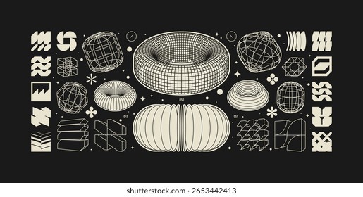 Vector graphic assets kit acid style, Postmodern abstract geometric shapes with wireframe elements of different forms, Y2K trendy design in brutalism aesthetic, template symbols set 19
