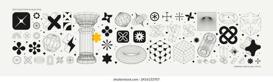 Vector graphic assets set in acid style, retro futuristic background with wireframe elements of different forms, bold modern shapes for design template, poster, clothes, stickers in Y2k style set 3