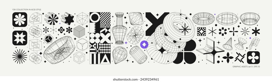 Vector graphic assets set in acid style, retro futuristic background with wireframe elements of different forms, bold modern shapes for design template, poster, stickers, banner in Y2k style set 5