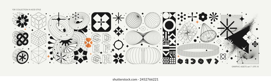 Vector graphic assets set in acid style, retro futuristic background with wireframe elements of different forms, bold modern shapes for design template, poster, stickers, banner in Y2k style set 7