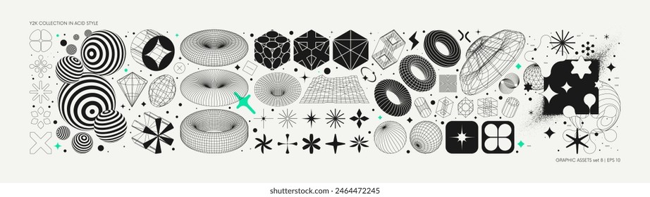 Vector graphic assets set in acid style, retro futuristic background with wireframe elements of different forms, bold modern shapes for design template, poster, stickers, banner in Y2k style set 8