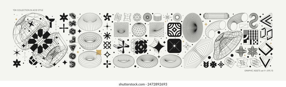 Vector graphic assets set in acid style, retro futuristic background with wireframe elements of different forms, bold modern shapes for design template, poster, stickers, banner in Y2k style set 9