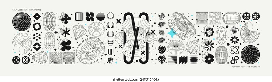 Vector graphic assets set in acid style, retro futuristic background with wireframe elements of different forms, bold modern shapes for design template, poster, stickers, banner in Y2k style set 11