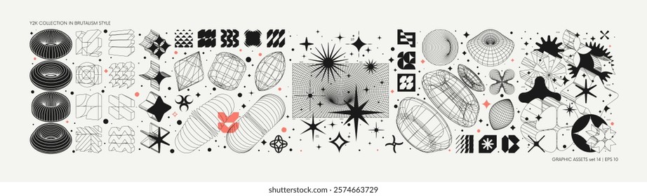 Vector graphic assets set in acid style, retro futuristic background with wireframe elements of different forms, bold modern shapes for design template, poster, stickers, banner in Y2k style set 14