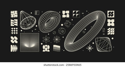 Vector graphic assets set in acid style, retro futuristic background with wireframe elements of different forms, bold modern shapes for design template, poster, banner, clothes, stickers in Y2k style,