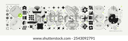 Vector graphic assets set in acid style, retro futuristic background with wireframe elements of different forms, bold modern shapes for design template, poster, stickers, banner in Y2k style set 13