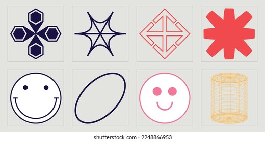 Vector Graphic Assets Set. Big collection of abstract graphic geometric symbols. Templates for notes, posters. Anti-design. Vector illustration