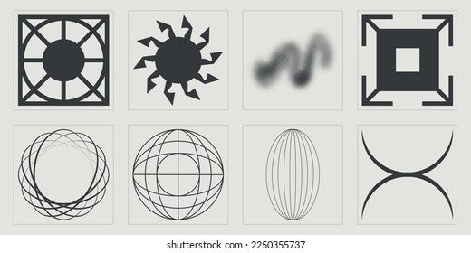 Vector Graphic Assets Set. Big collection of abstract graphic geometric symbols. Cyberpunk elements. Projects, posters, banners. Vector illustration