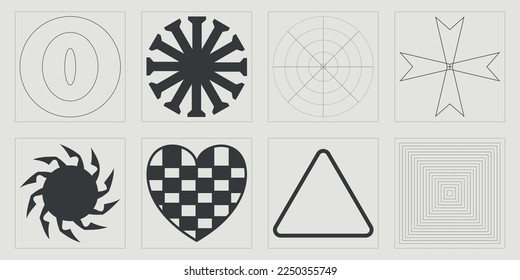 Vector Graphic Assets Set. Big collection of abstract graphic geometric symbols. Elements for graphic decoration. Retro Futurist. Vector illustration