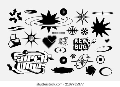 Vector Graphic Assets Set. Bold modern Shapes for Posters Template, flyers, clothes, social media, graphic design, sticker, In Y2k style, Futuristic, Anti-design, Digital Collage, Retro Futurist.