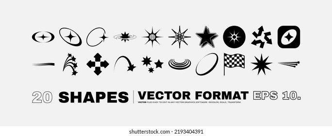 Vector Graphic Assets Set. Bold modern Shapes for Posters Template, flyers, clothes, social media, graphic design, sticker, In Y2k style, Futuristic, Anti-design, Digital Collage, Retro Futurist.