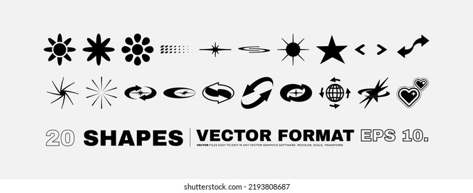 Vector Graphic Assets Set. Bold modern Shapes for Posters Template, flyers, clothes, social media, graphic design, sticker, In Y2k style, Futuristic, Anti-design, Digital Collage, Retro Futurist.