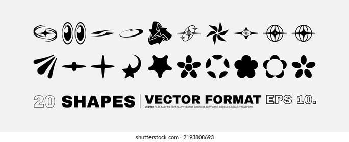 Vector Graphic Assets Set. Bold modern Shapes for Posters Template, flyers, clothes, social media, graphic design, sticker, In Y2k style, Futuristic, Anti-design, Digital Collage, Retro Futurist.